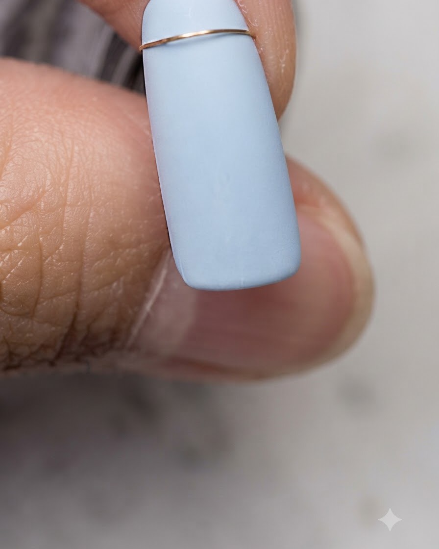 Un pinceau liner fin dessinant une fine ligne horizontale dorée sur la partie supérieure dun ongle bleu.