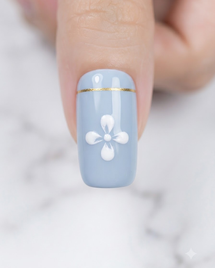 Un pinceau liner fin tirant du gel blanc de lextérieur vers lintérieur pour former les pétales de fleurs sur un ongle.