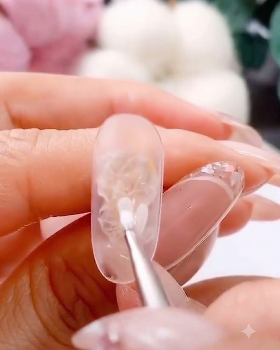 Un pinceau fin appliquant un pétale en gel blanc sur une extension dongle transparente.