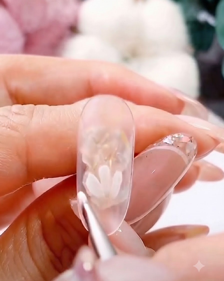 Un pinceau liner fin ajoutant dautres pétales blancs pour former une fleur de marguerite complète sur un ongle transparent.