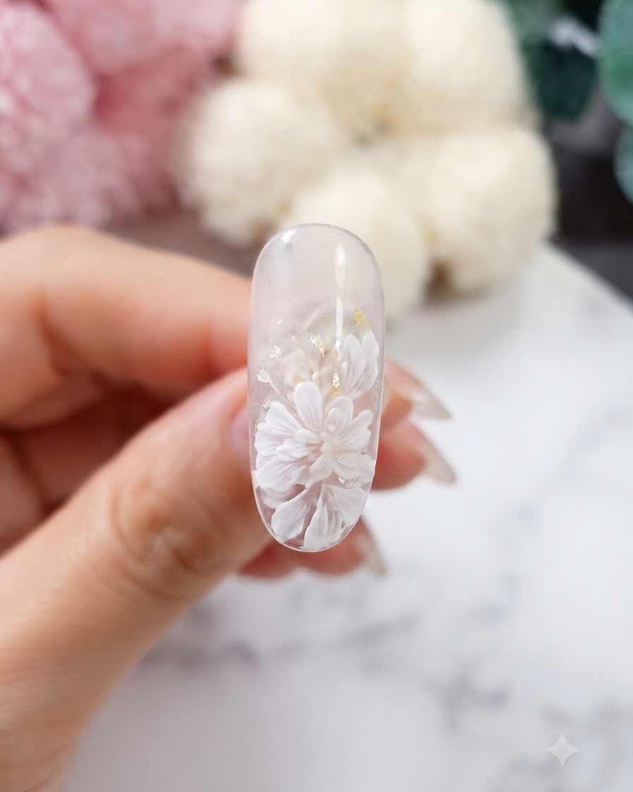 Un gros plan dun ongle présentant plusieurs fleurs de marguerites blanches superposées et des accents de feuilles dor.
