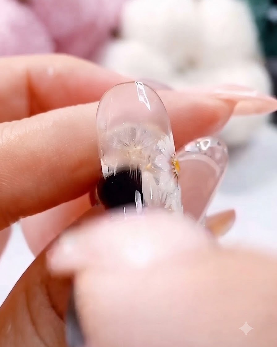 Un pinceau de gel transparent appliquant une couche lisse de top coat brillant sans résidu sur un design dongle de marguerite blanche peint à la main.