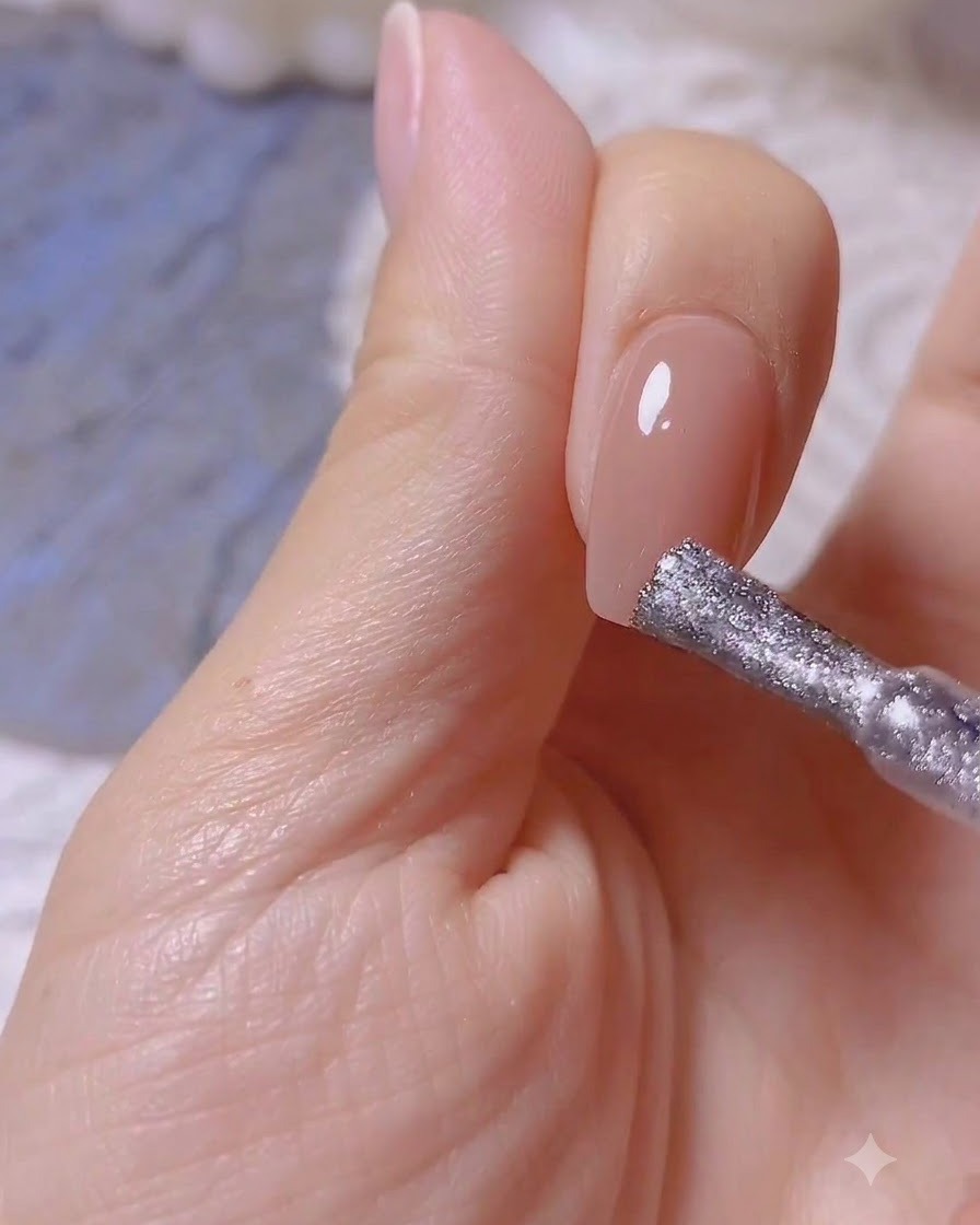 Un pinceau à vernis appliquant un gel magnétique nude translucide sur un ongle naturel nu.