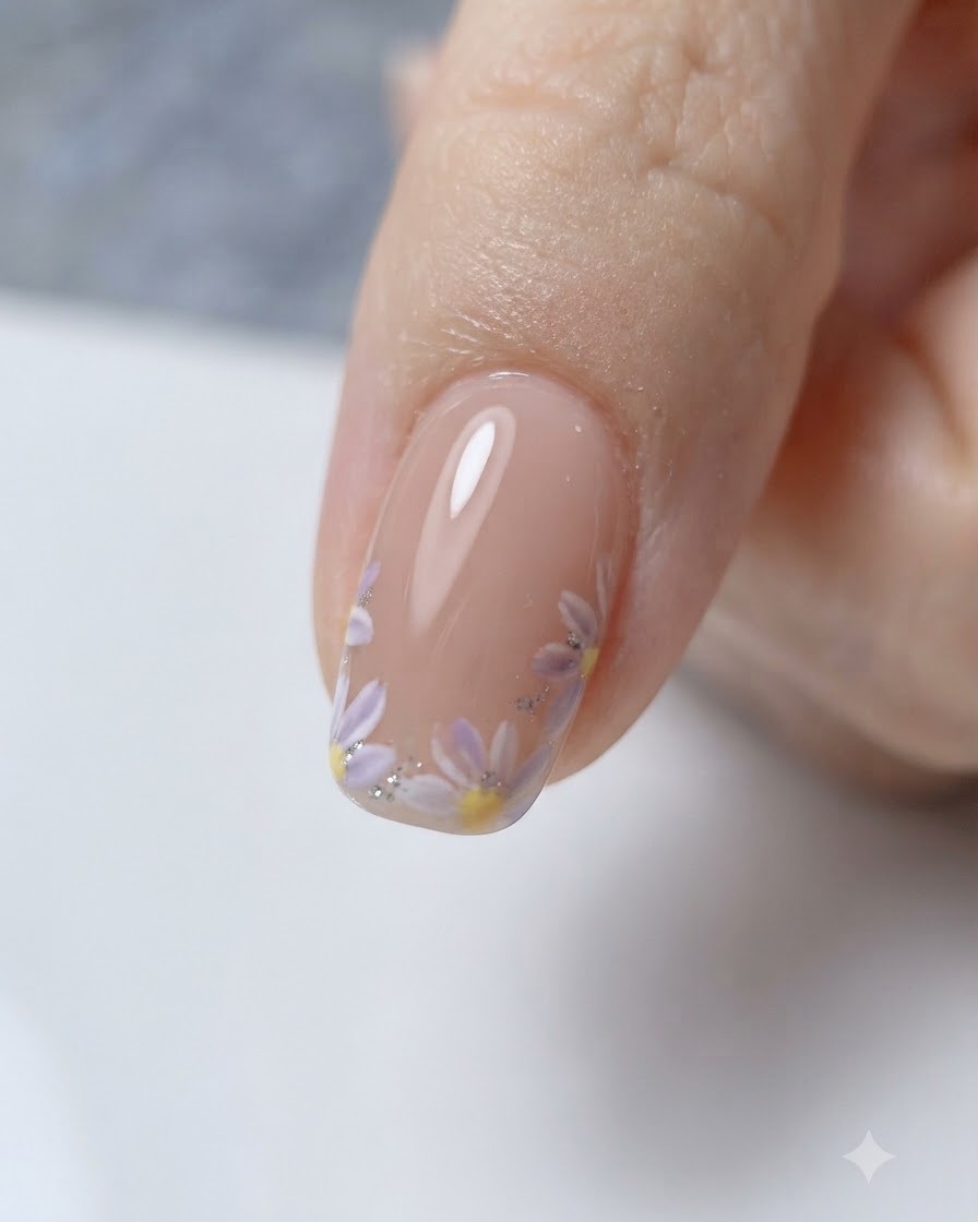 Un ongle terminé avec des marguerites blanches et un top coat ultra-brillant catalysé sous une lampe.