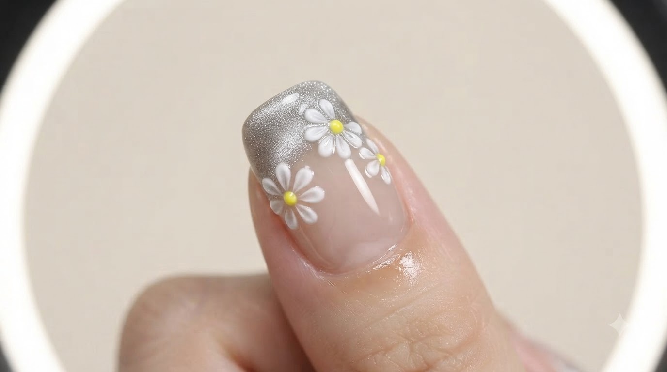 Gros plan macro du nail art terminé représentant de petites marguerites 3D sur une base laiteuse translucide avec un dégradé œil-de-chat argenté sur la pointe et de délicates marguerites blanches en relief 3D aux cœurs jaunes.
