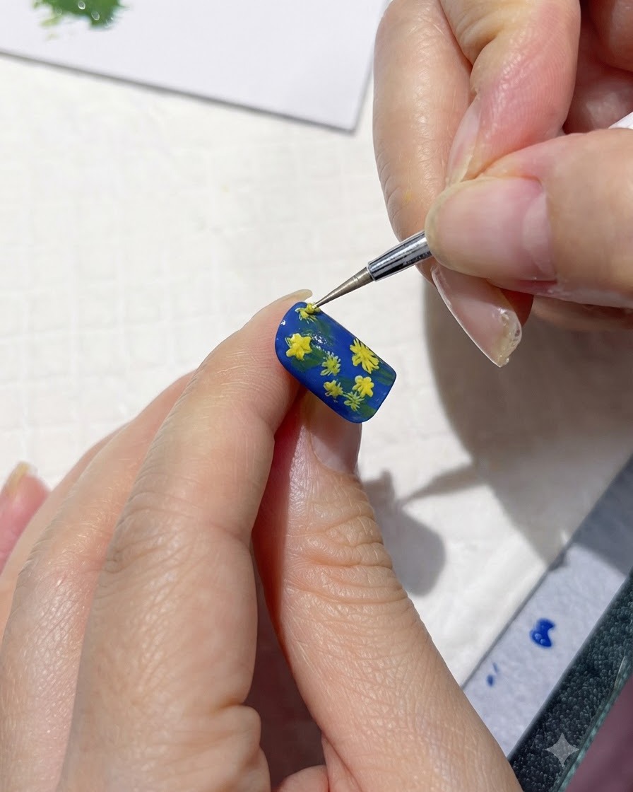 Un pinceau de nail art affinant plusieurs petites marguerites jaunes peintes sur un ongle bleu.