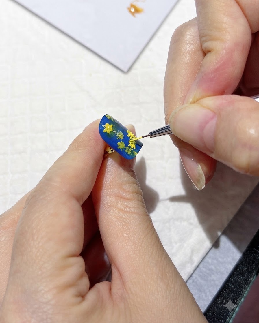 Un pinceau fin appliquant des reflets jaunes sur les pétales de marguerite sur un ongle bleu.