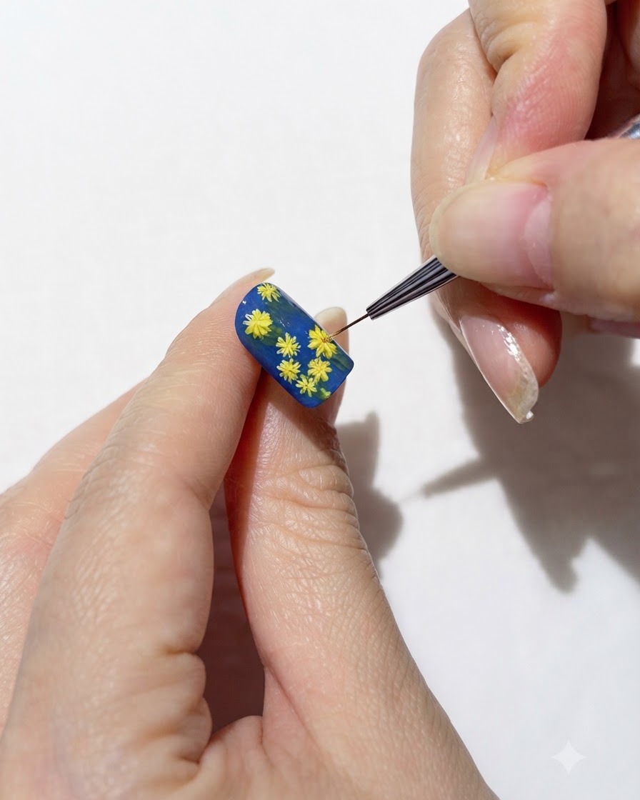 Un pinceau fin pointillant des centres jaune-orange sur de petites marguerites.