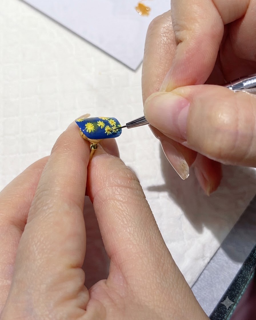 Un ongle positionné sous une lampe de polymérisation pour fixer les centres des fleurs.