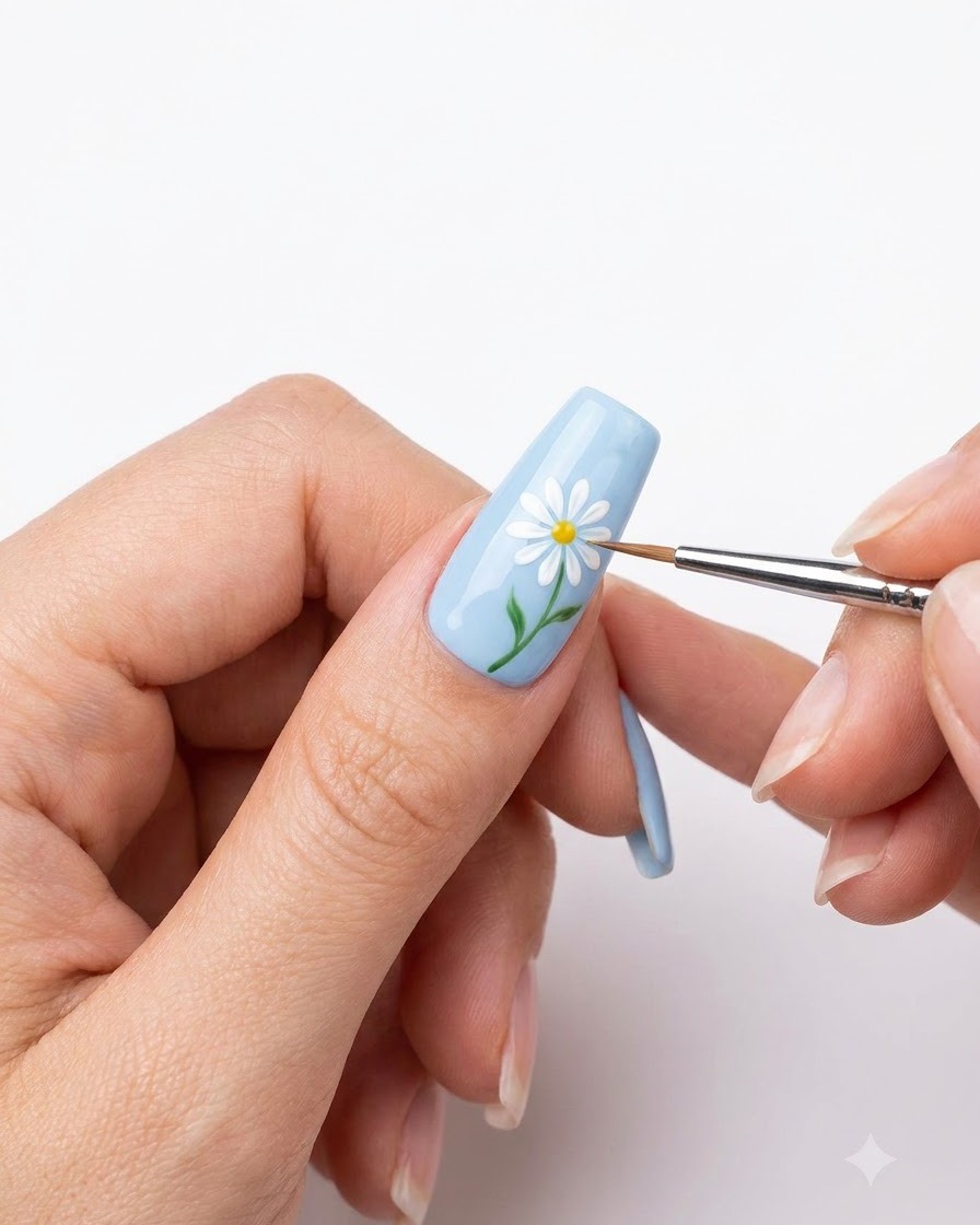 Gros plan sur une main utilisant un pinceau fin pour peindre des pétales de marguerite blancs sur une base dongle bleu clair.