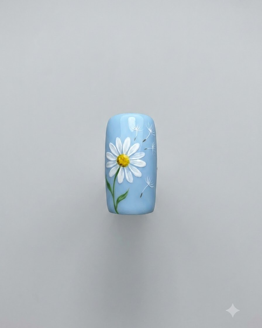 Gros plan montrant de petites feuilles vertes ajoutées à la tige de la marguerite peinte.