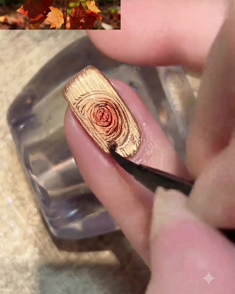 Un petit aimant pour ongles positionné près du bord latéral dun ongle peint en gel œil-de-chat doré.