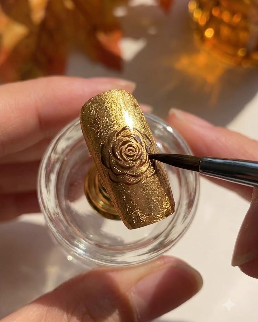 Un pinceau de détail ou un outil affinant la surface dun ongle doré scintillant fixé sur un support.