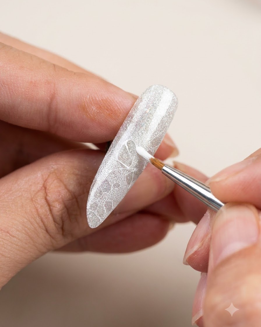 Un pinceau de nail art fin formant et dessinant méticuleusement des pétales de fleurs blancs sur un motif de dentelle dune capsule dongle.