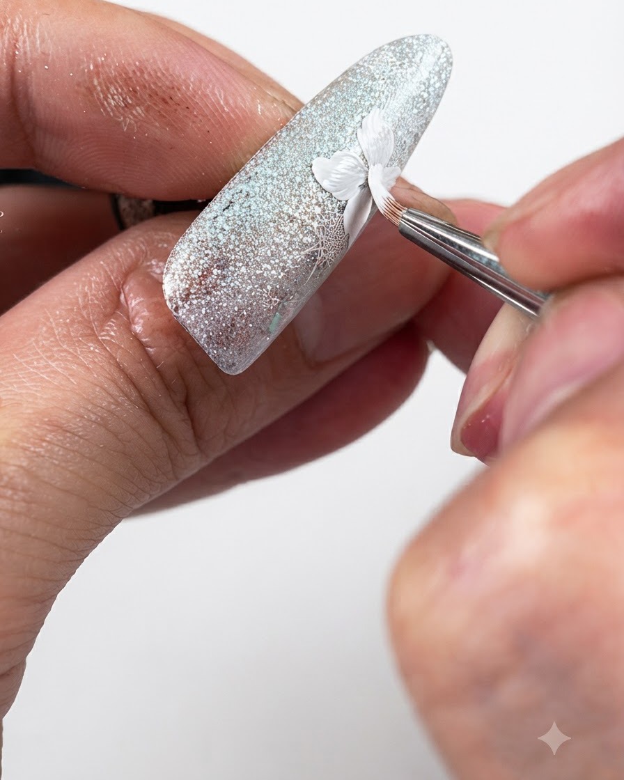 Un pinceau fin appliquant un top coat mat précisément sur les pétales de fleurs blancs peints dun ongle scintillant.