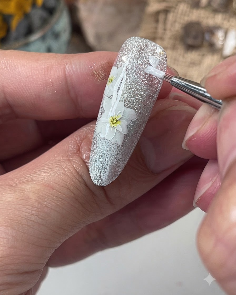 Un pinceau fin déposant du gel bleu au centre de la fleur blanche et lestompant délicatement vers lextérieur.