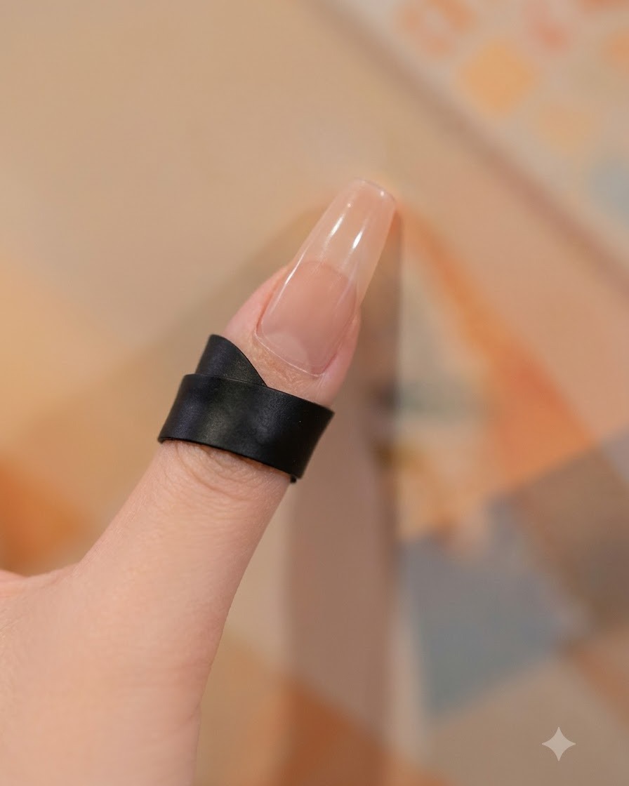 Gros plan sur un ongle portant une bague noire, avec un pinceau fin appliquant du gel blanc cassé près des cuticules et de la base.