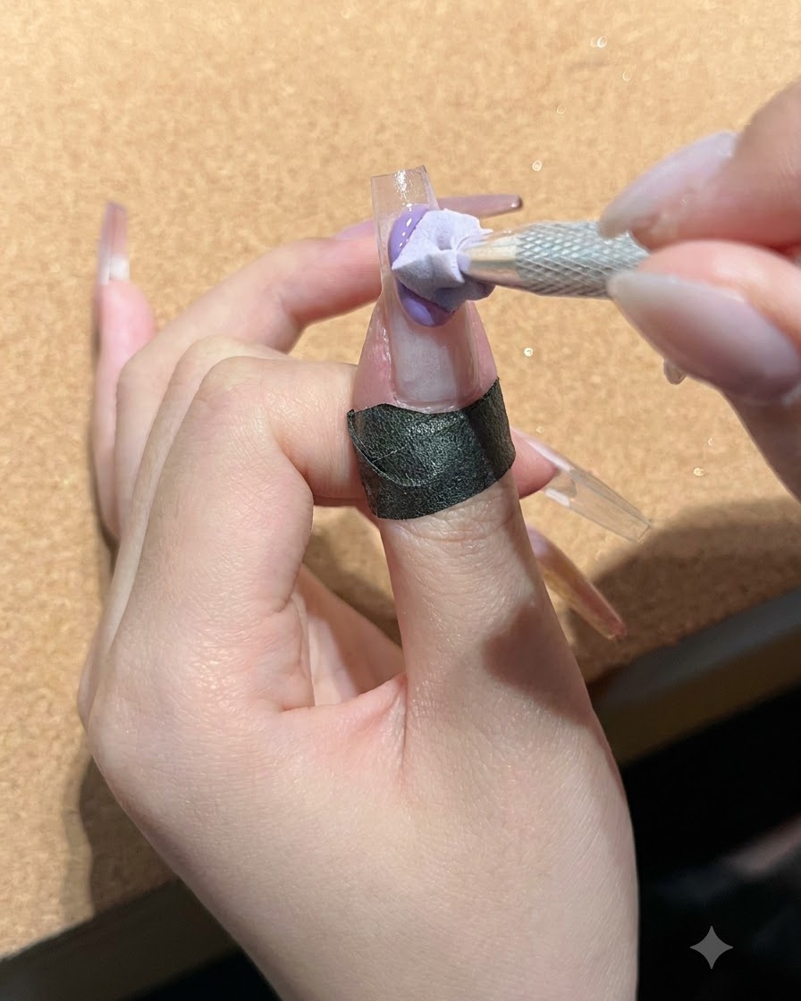 Une main tenant un petit applicateur en éponge, appliquant du gel aux nuances violettes sur le bout dun ongle.