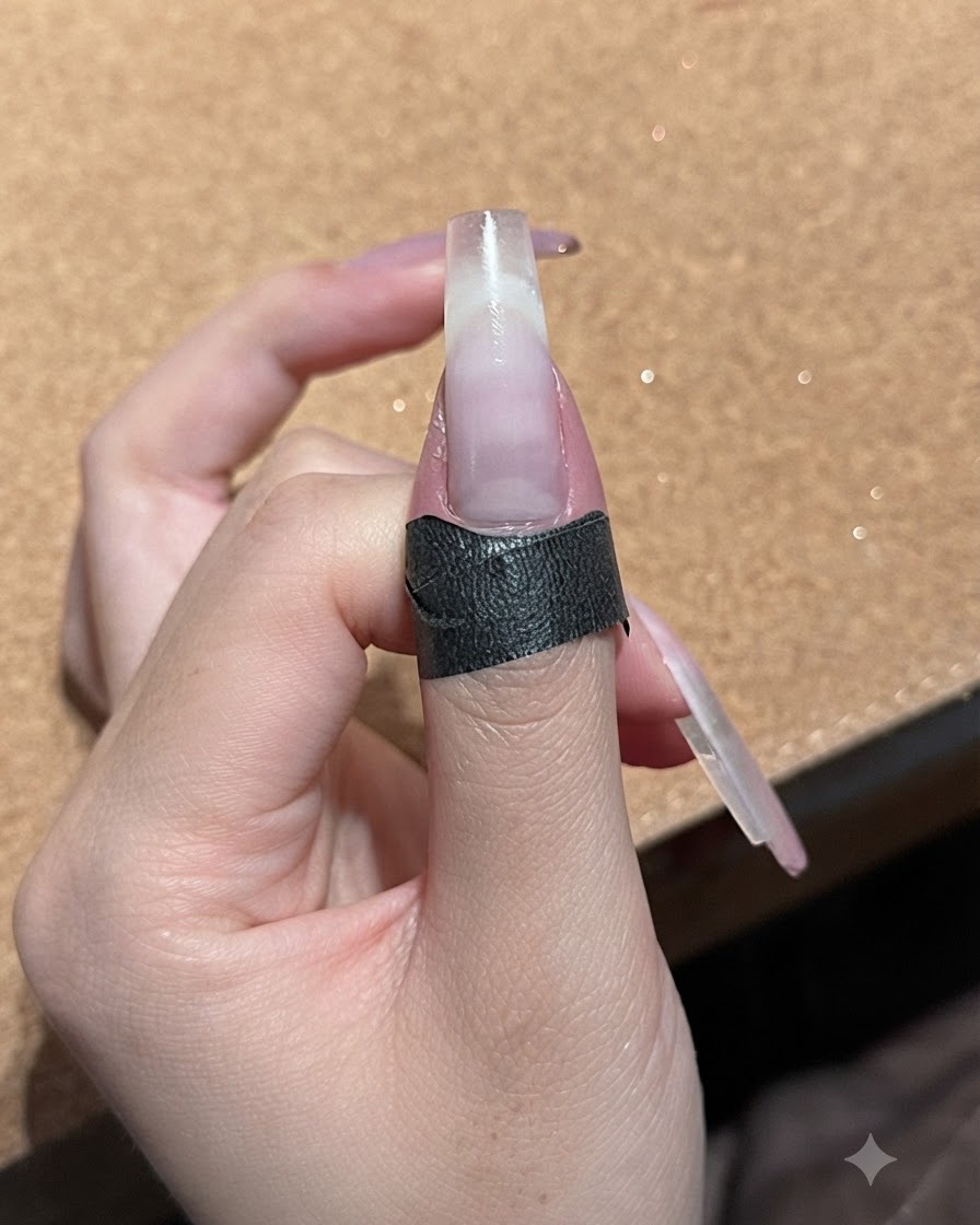 Gros plan dun ongle avec une couche fine et brillante de gel blanc pêche nud appliquée sur le dégradé.