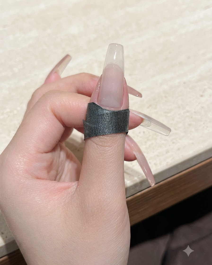 Un ongle présentant une couleur blanc pêche nud plus riche et saturée après la deuxième couche.