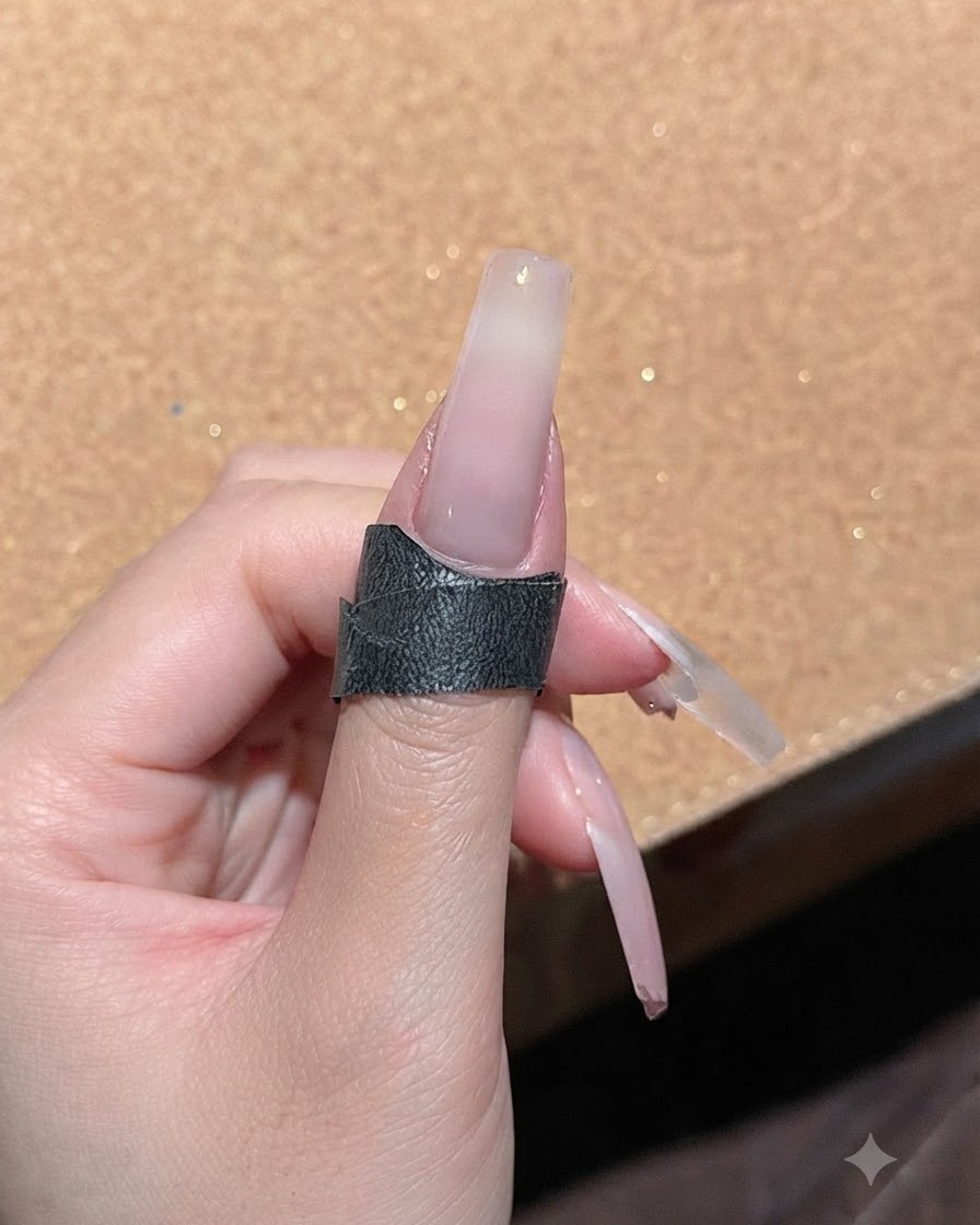 Un ongle recouvert dune couche épaisse de gel cat eye scintillant, prêt pour lutilisation de laimant.