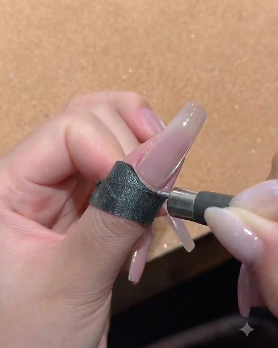 Gros plan dun doigt avec un petit aimant à ongle maintenu contre le côté dun ongle en gel cat eye brillant.