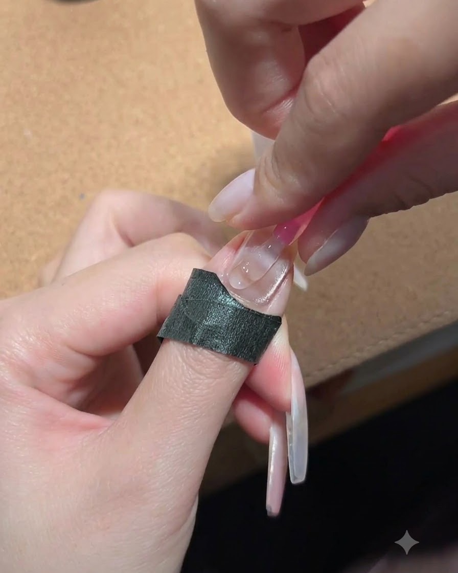 Un doigt entouré de ruban de protection noir tandis quune lingette nettoyante est utilisée pour nettoyer la surface de longle.