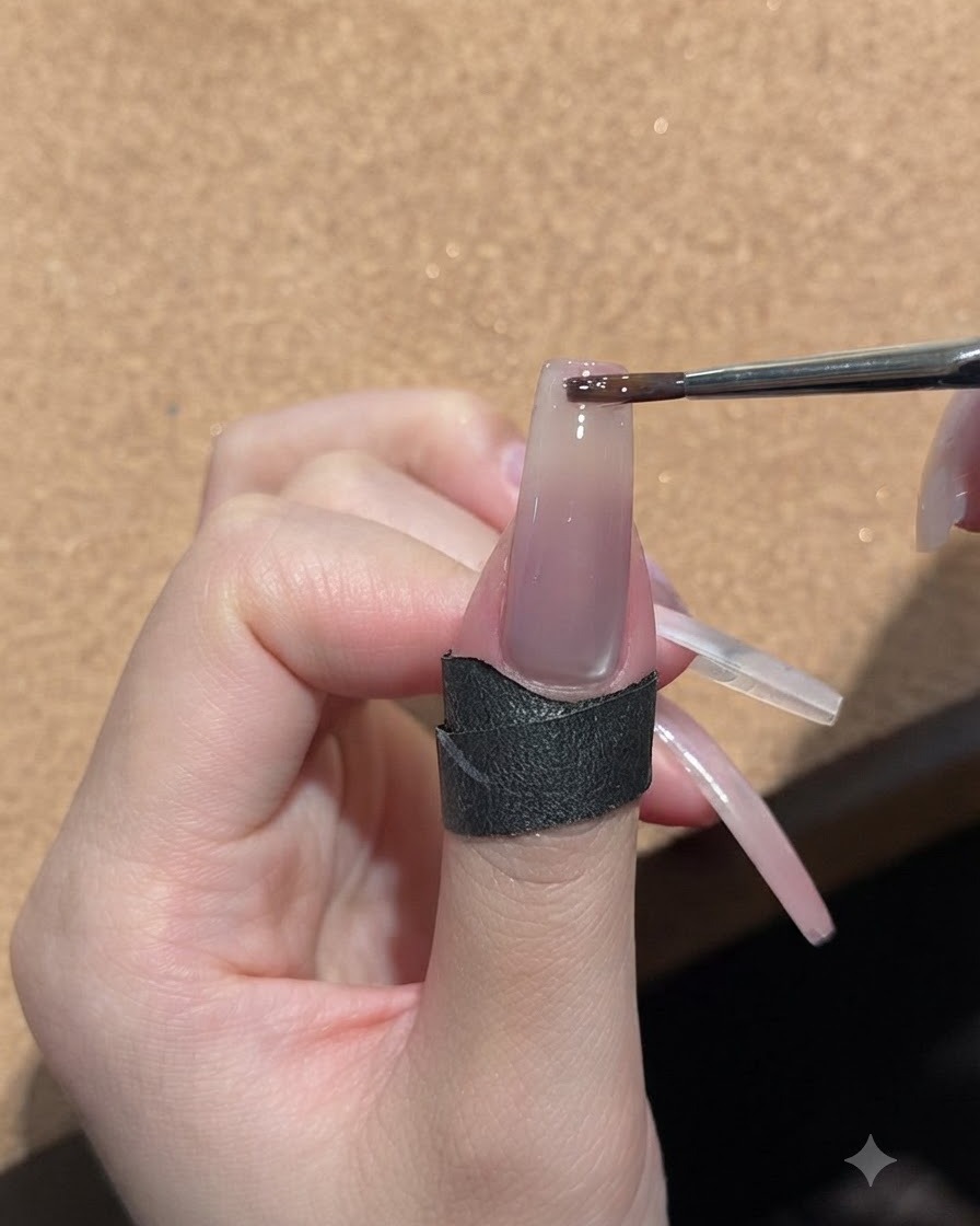 Une petite éponge de maquillage tapotée délicatement sur la pointe dun ongle nude brillant.
