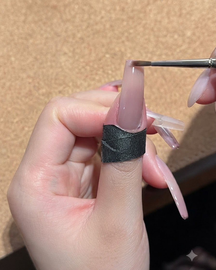 Un pinceau fin appliquant une seconde couche de gel pêche nud sur le bout dun ongle.