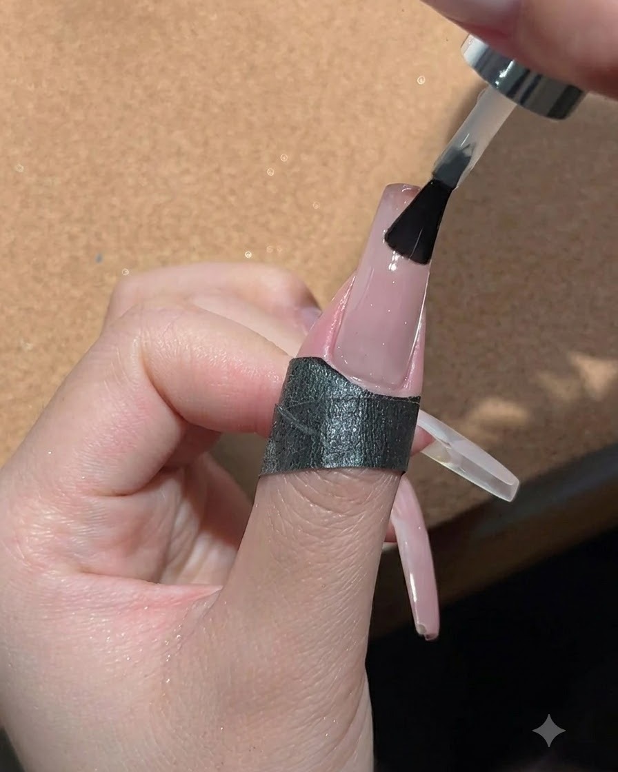 Un pinceau appliquant une couche épaisse de top coat brillant sur longle en dégradé terminé.