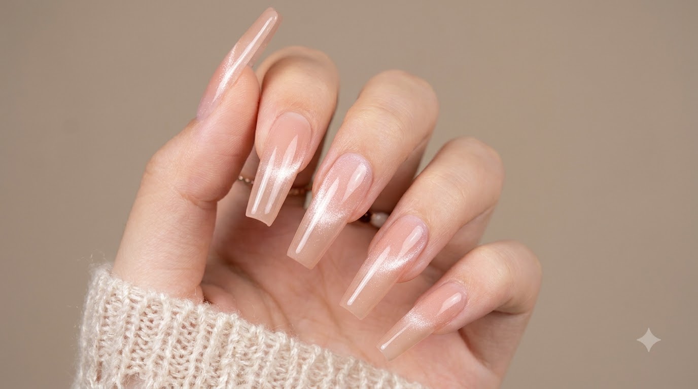 Ongles Ombré Blanc Pêche Nud & Cat Eye Printemps — Tutoriel Étape par Étape