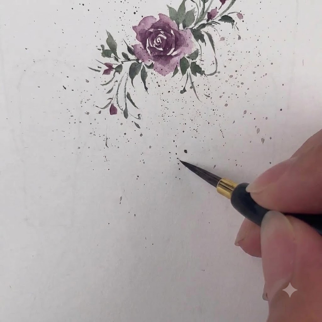 Un pinceau de détail traçant une forme délicate en chiffre 9 en violet foncé sur du papier aquarelle.