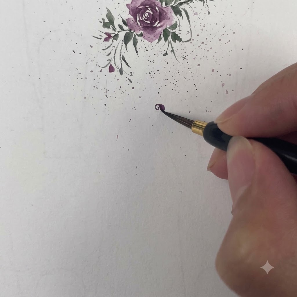 Un pinceau appliquant une touche violette pour envelopper le côté du cœur de la fleur.