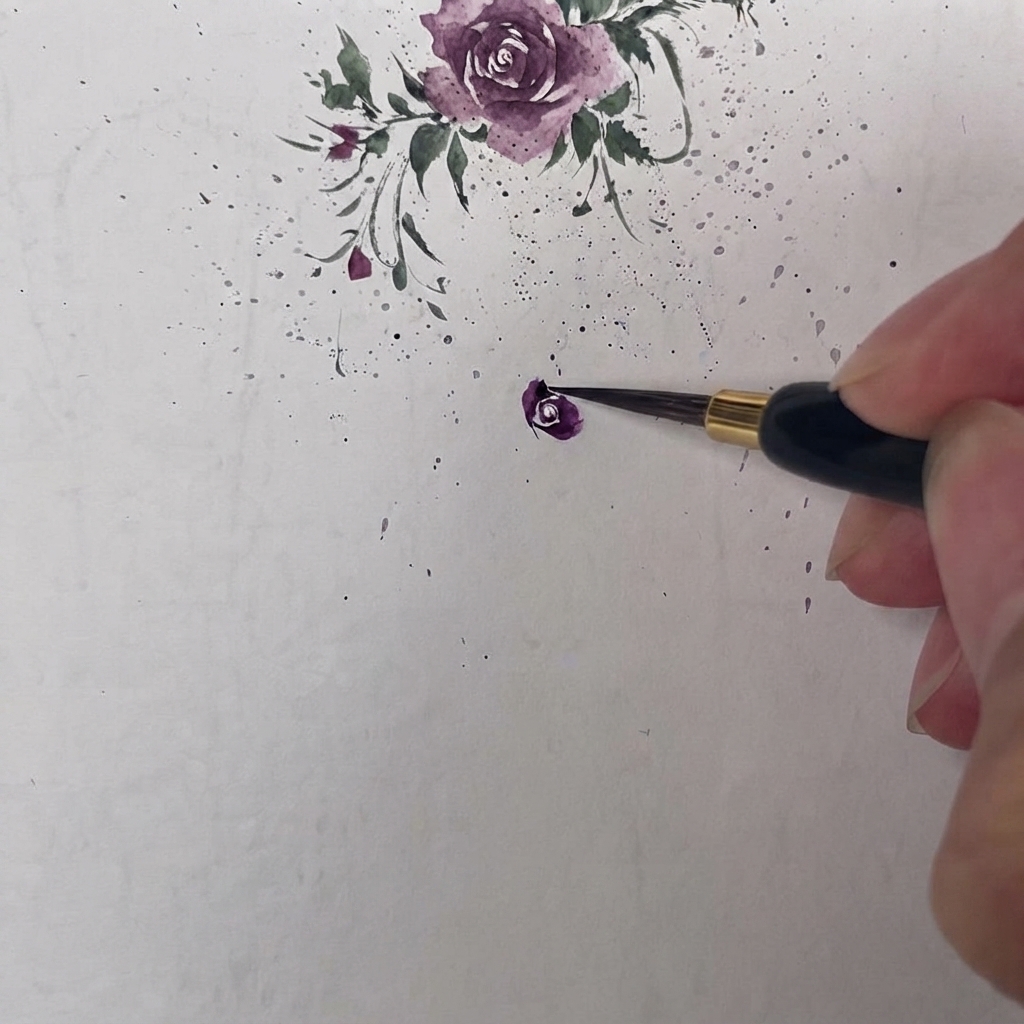 Un pinceau ajoutant un deuxième pétale violet au-dessus du premier avec une séparation visible à la base.