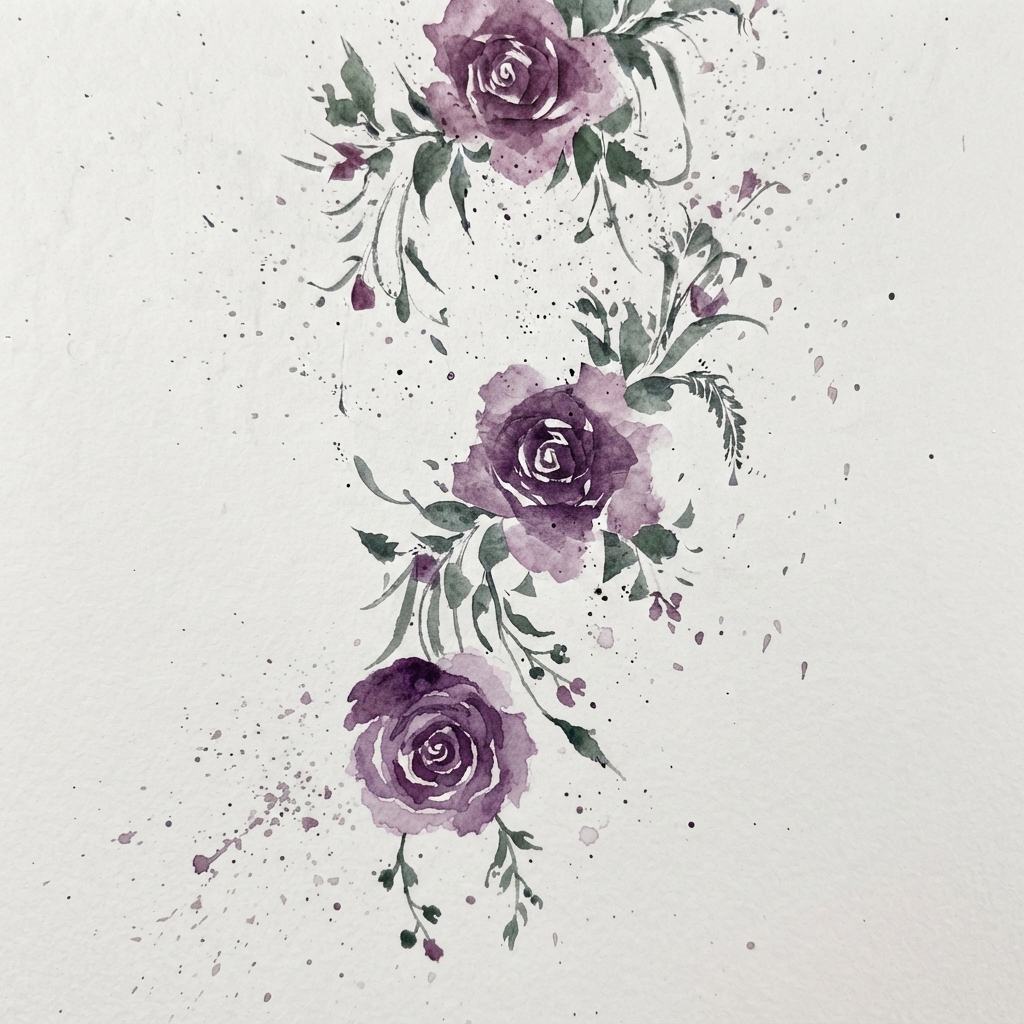 Feuillage délicat peint en vert autour de la rose violette en forme de huit ouvert.