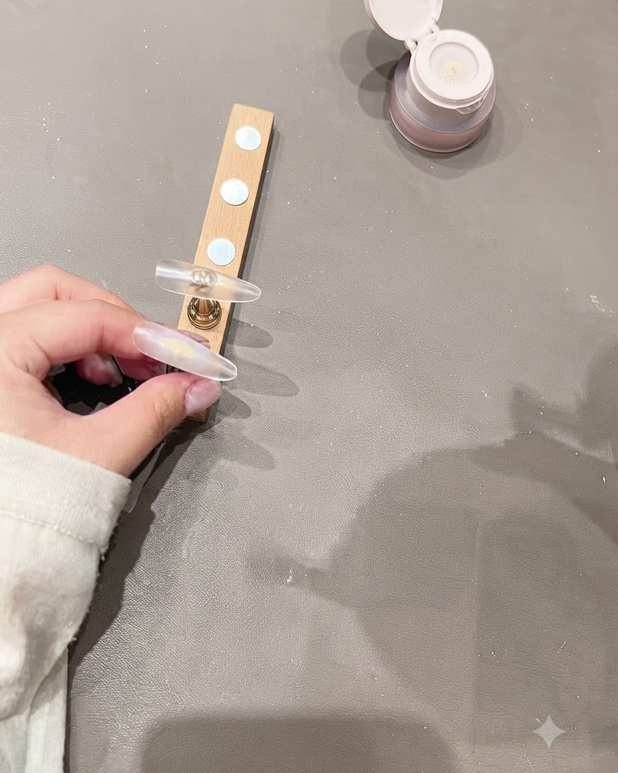 Une capsule dongle placée sur un support en bois à côté dun pot de gel.