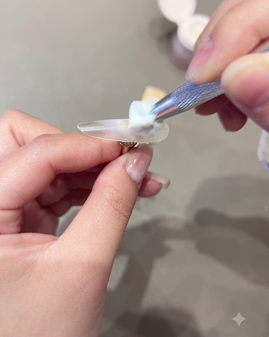 Un outil tenant un coton imbibé de liquide appliquant du produit sur une capsule dongle transparente.
