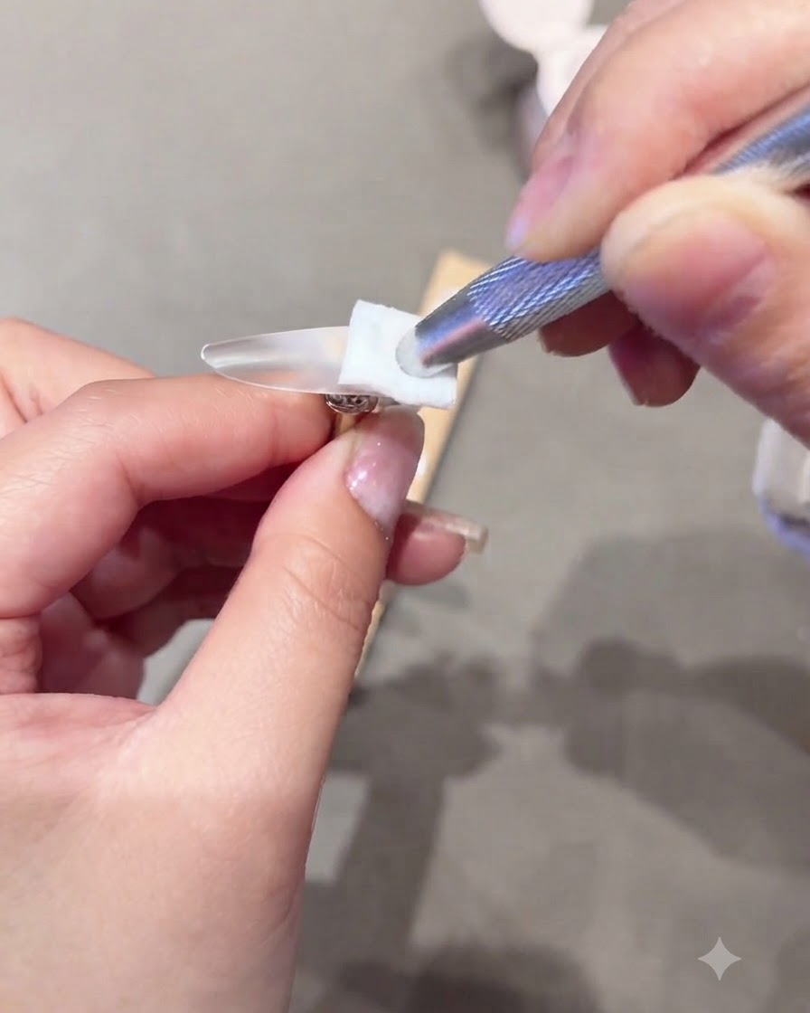 Un outil essuyant la surface dune capsule dongle transparente avec un coton.
