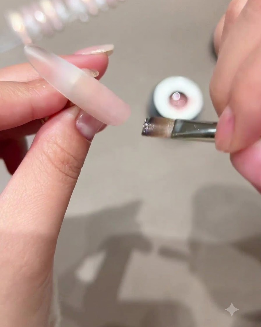 Une capsule dongle tenue à côté dun pinceau à gel, montrant la zone de transition pour leffet dégradé.