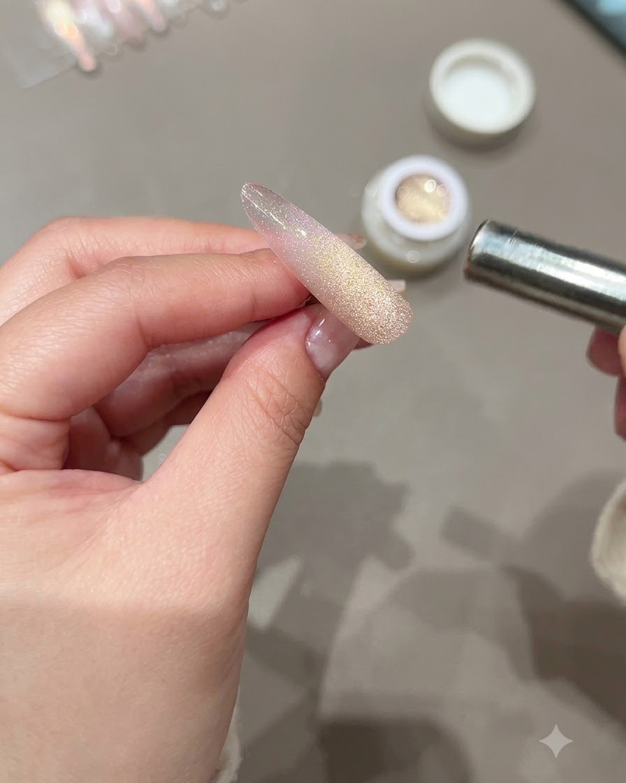 Une main utilisant un petit aimant pour pousser les particules cat-eye lumineuses vers la bande centrale dun ongle long.