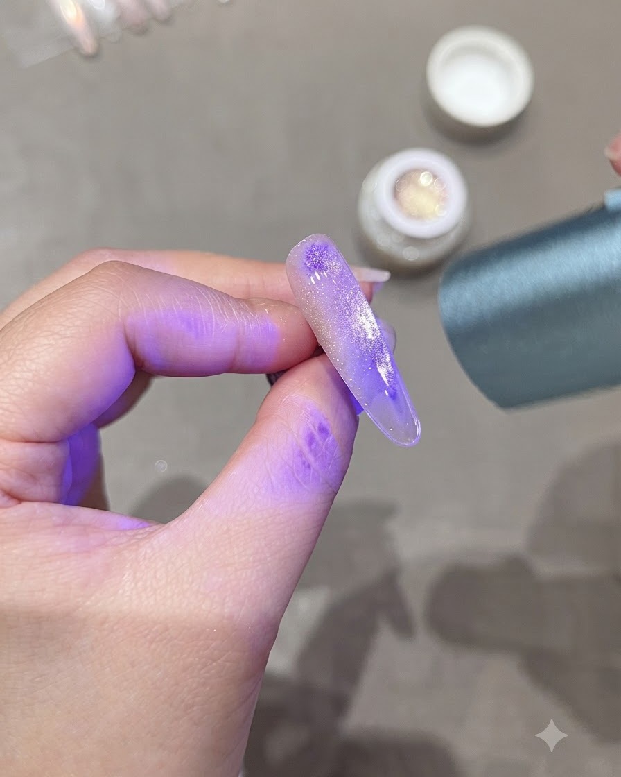Une main tenant une lampe de polymérisation UV à lumière violette au-dessus dun ongle allongé doté dun design cat-eye centré.