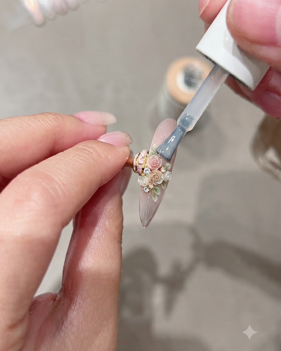 Un pinceau appliquant un top coat transparent de gel miroir Moding C8 sur un ongle allongé orné dun nail art floral miniature en 3D.