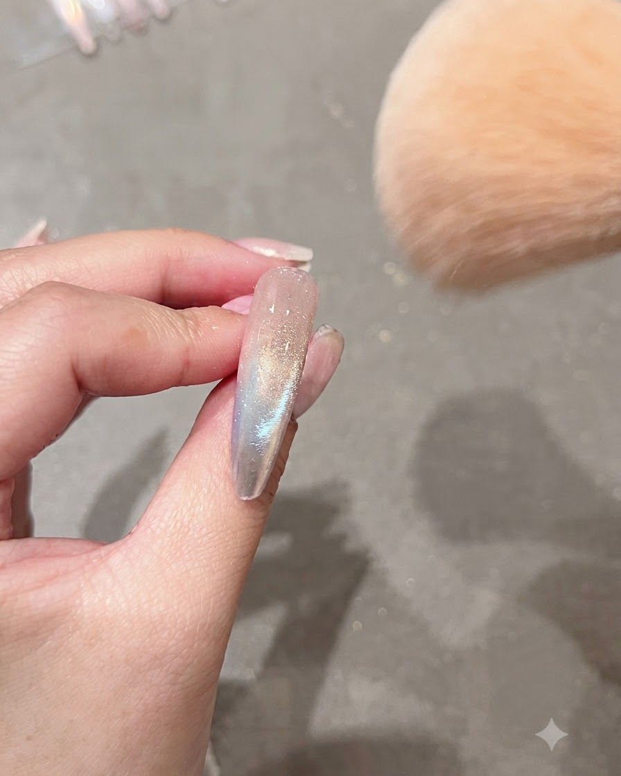 Un grand pinceau de maquillage souple balayant lexcédent de poudre aurora dun ongle décoré.