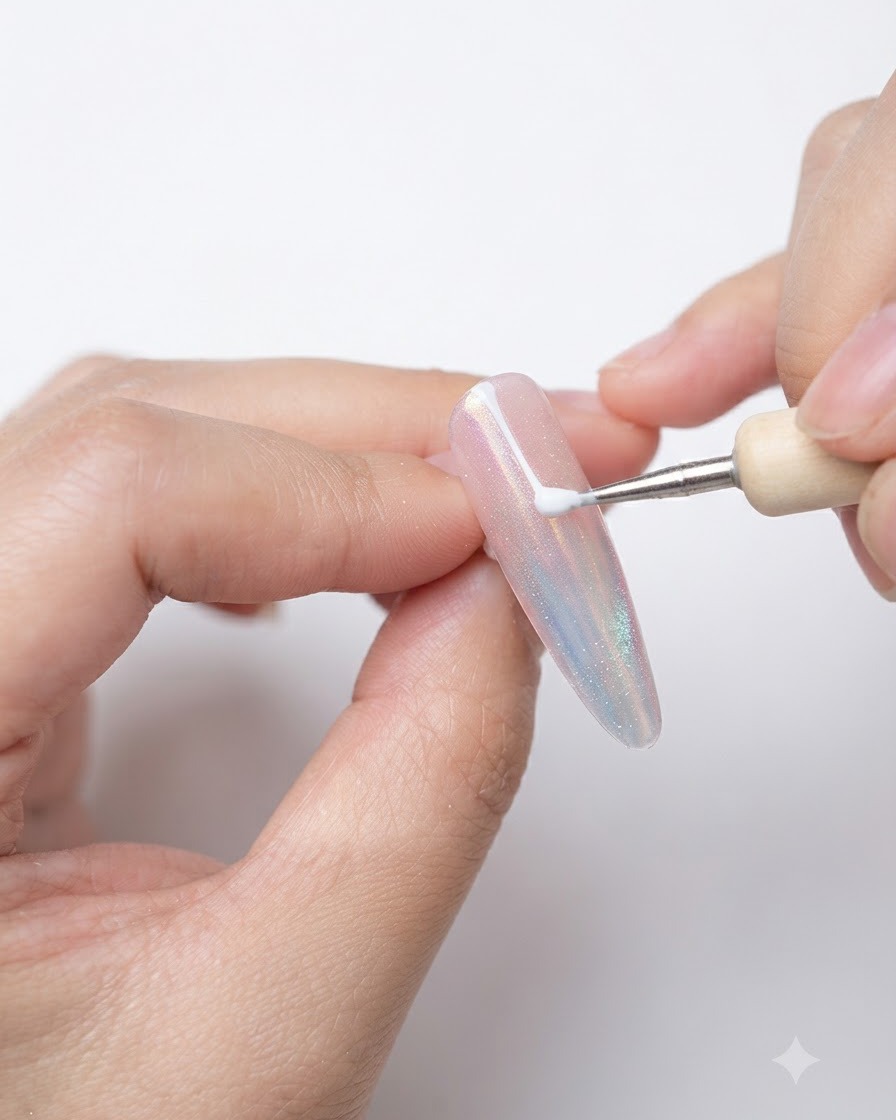 Gros plan dun pinceau fin de précision appliquant des lignes de gel blanc sur un ongle décoré.
