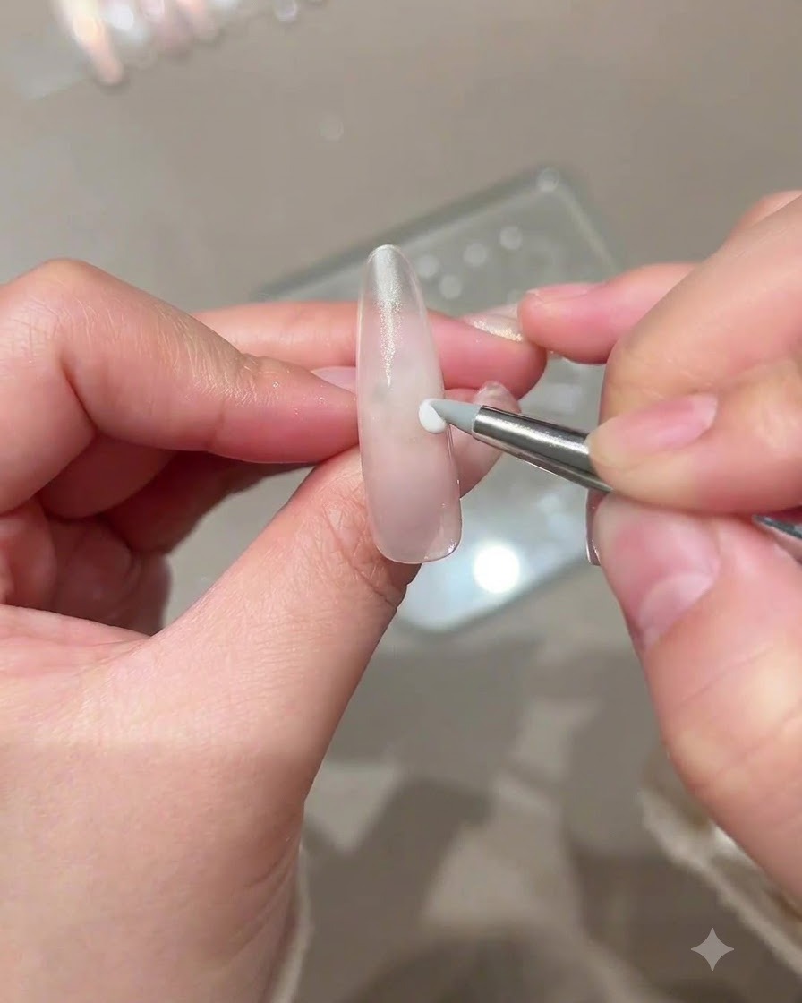 Un outil à embout en silicone déposant un petit point blanc de gel de modelage sur un ongle nude.