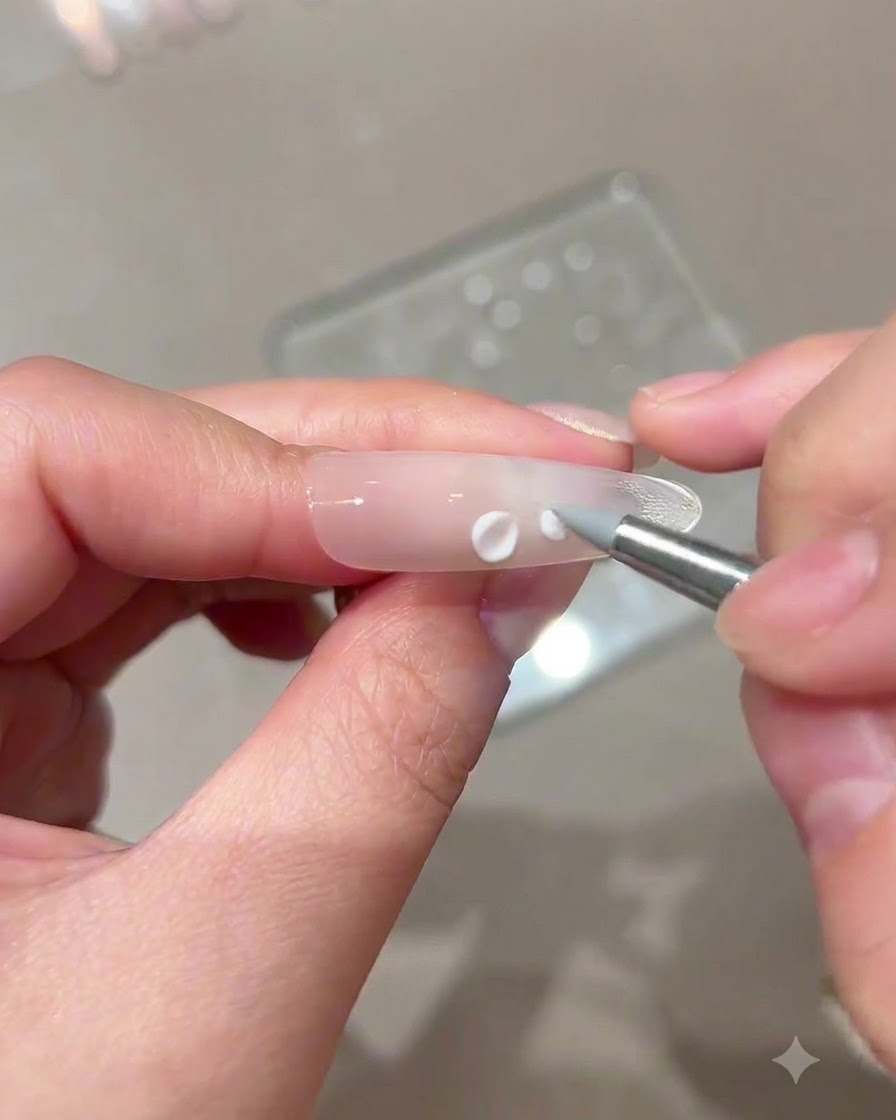 Un outil à ongles déposant de petites sphères de gel de modelage blanc autour dun point central sur un ongle.