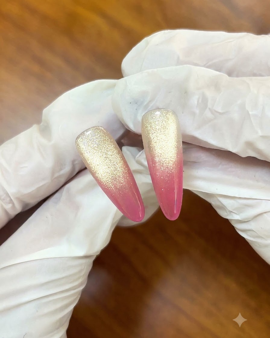 Gros plan dun pinceau à ongles appliquant du gel rose baie sur le bout dun faux ongle.