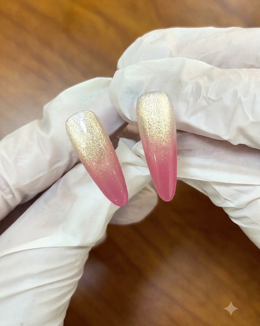 Une éponge de maquillage tamponnant délicatement du gel rose sur un ongle pour créer un dégradé ombré.