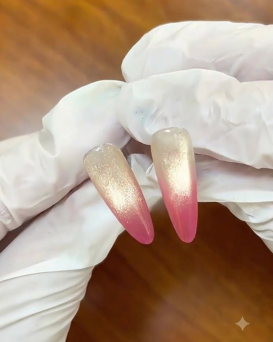 Un pinceau appliquant un vernis magnétique cat-eye doré sur longle dégradé pré-catalysé.