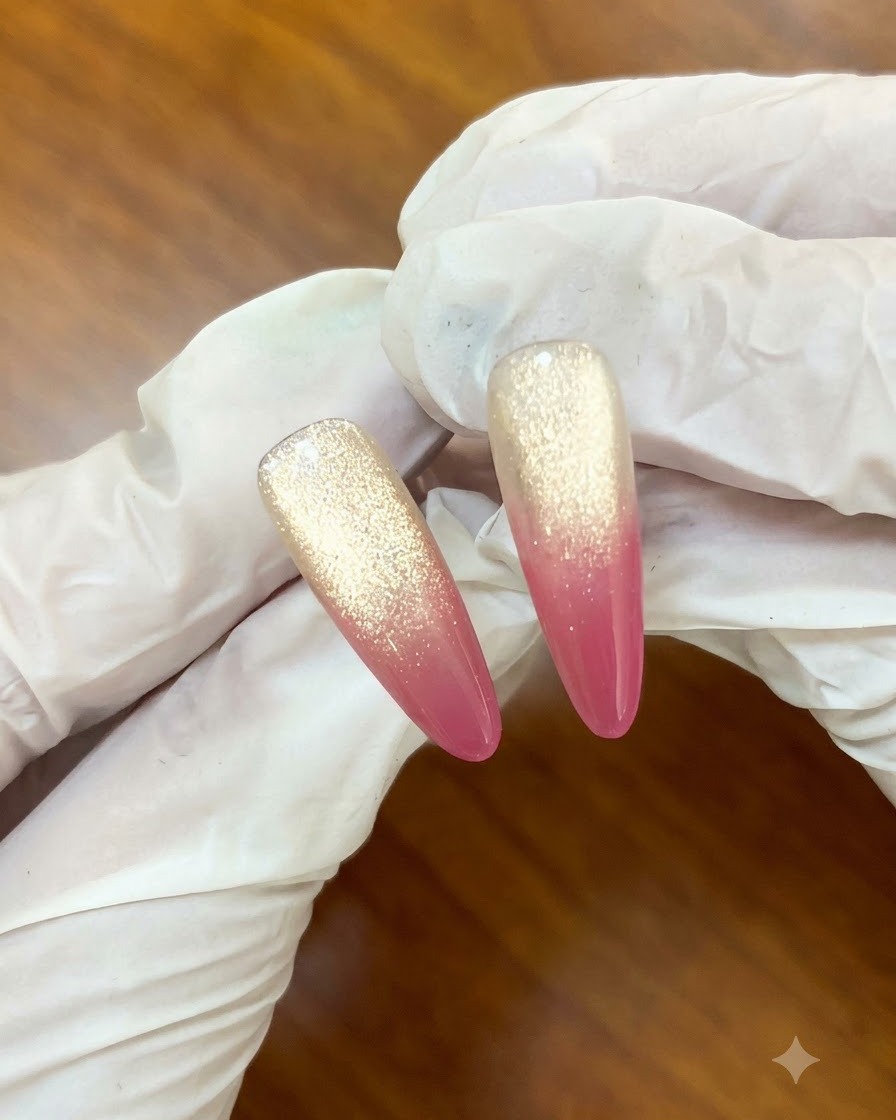 Un outil magnétique tenu près du côté dun ongle peint pour rassembler les particules de paillettes magnétiques.